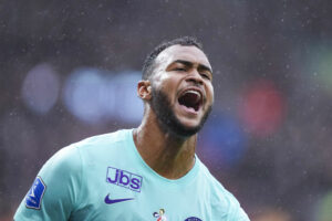 FC Midtjyllands Junior Brumado efter at have scoret et af sine tre mål mod AGF i Superligaen