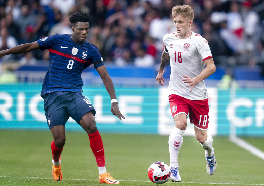 Daniel Wass i aktion for Danmark i landskampen mod Frankrig i Nations League