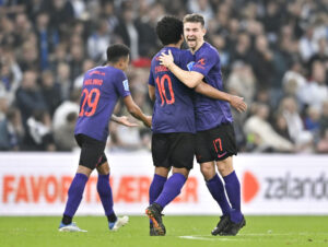 Ferreira Evander, FC Midtjylland og Mads Døhr Thychosen, FC Midtjylland jubler efter godkendelse af målet til 1-1 i Superliga opgøret.