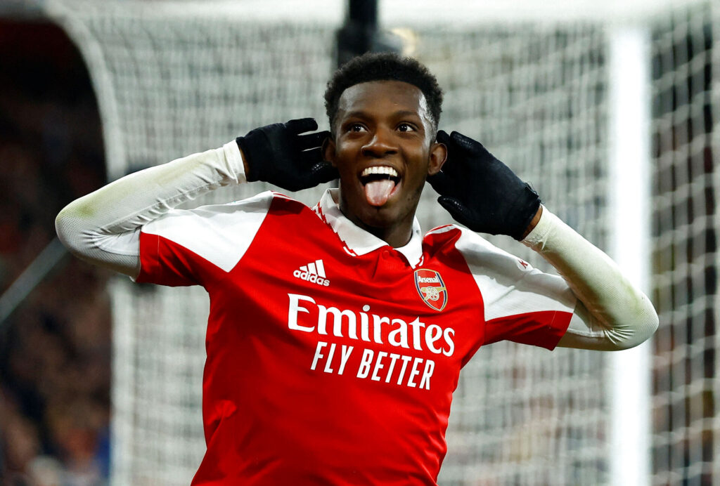 Eddie Nketiah scorede to mål i Arsenals sejr over Manchester United søndag.