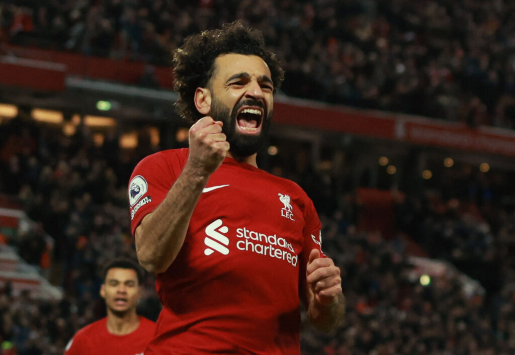 MOhamed Salah kan sætte ny scoringsrekord for Liverpool i i Premier League i kampen mod Manchester United.