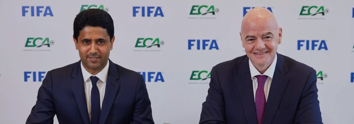 FIFA Præsident Gianni Infantino ECA-formand Nasser Al-Khelaifi underskriver aftale om Klub-VM