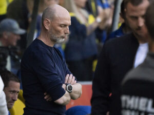 Brøndbys cheftræner Jesper Sørensen under superligakampen mellen Brøndby IF og FC København i Brøndby søndag den 14. maj 2023.