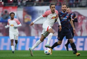 Yussuf Poulsen har scoret for RB Leipzig mod Heidenheim.