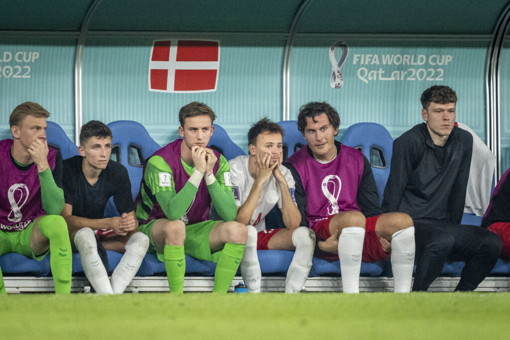 Frederik Rønnow, Jonas Wind, Mikkel Damsgaard, Andreas Skov Olsen, Jesper Lindstrøm og Oliver Christensen under VM i Qatar.