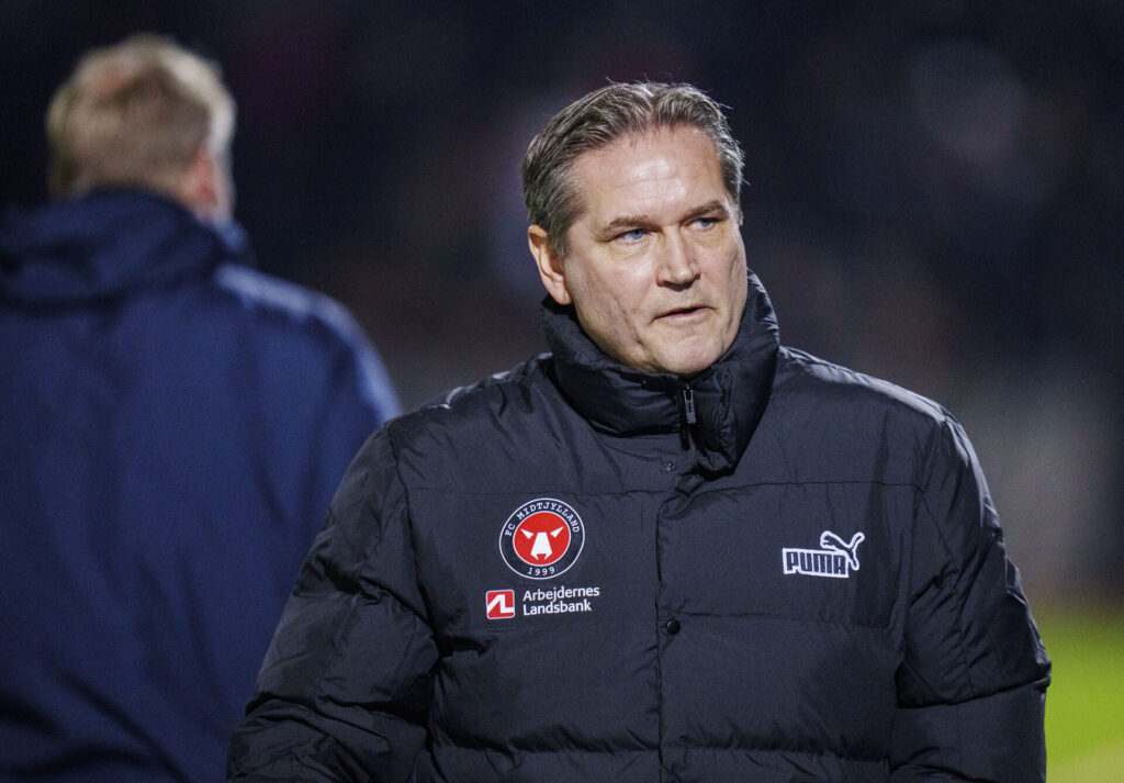 FC Midtjyllands cheftræner, Thomas Thomasberg, i Superliga-opgøret mod Hvidovre IF.