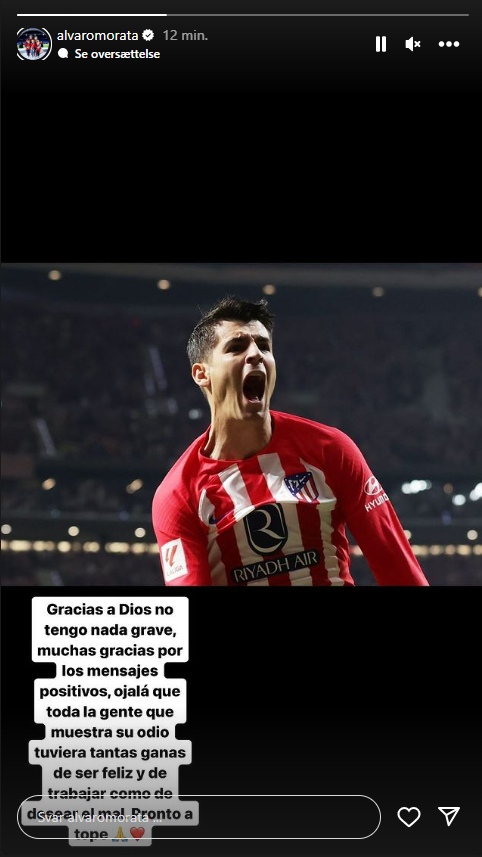 Álvaro Morata i en besked til sine følgere på Instagram