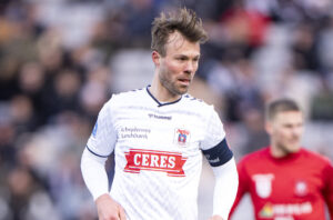 AGFs Patrick Mortensen under superligakampen mellem AGF og Hvidovre IF på Ceres Park i Aarhus søndag den 17. marts 2024.
