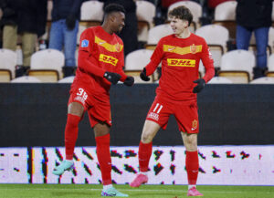 FC Nordsjællands Mads Kristian Hansen scorer til 1-0 og jubler med Adamo Nagalo under superligakampen mellem FC Nordsjælland og Silkeborg IF i på Right To Dream Park i Farum mandag den 4. marts 2024
