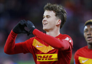 FC Nordsjællands Mads Kristian Hansen til 2-1 under superligakampen mellem FC Nordsjælland og Silkeborg IF i på Right To Dream Park i Farum mandag den 4. marts 2024.