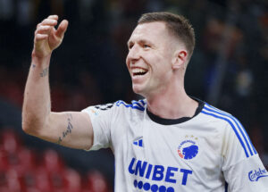 FCKs Lukas Lerager til 1-0 under Champions League kampen mellem FC København - Galatasaray SK i Parken, tirsdag den 12 december 2023.