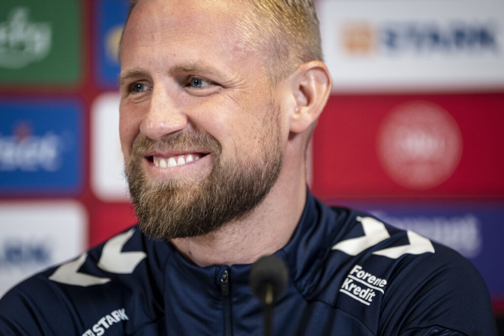 Kasper Schmeichel på pressemødet inden Danmarks landskamp imod Schweiz.