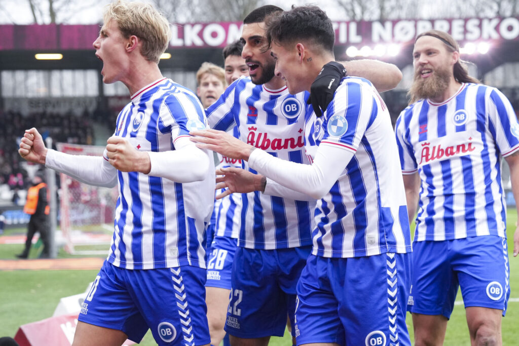 OB jubel da Max Fenger (OB 30) scorer kampens eneste mål da Vejle Boldklub møder OB i Superligaen på Vejle Stadion søndag den 10. marts 2024.