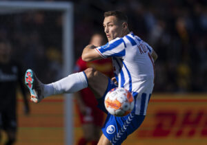 OB's Sven Köhler i aktion under superligakampen mellem FC Nordsjælland og OB i Farum.