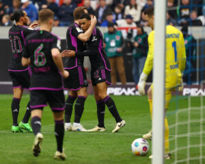 Jamal Musiala fejrer sin scoring imod SV Darmstadt for Bayern München i Bundesligaen.