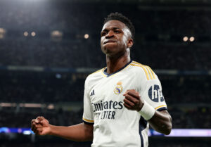 Vinicius jubler efter at have scoret til 1-0 for Real Madrid mod RB Leipzig i Champions League.