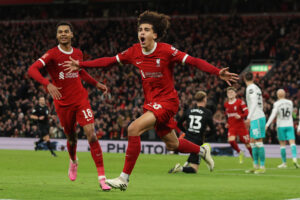 Jayden Danns jubler efter en scoring for Liverpool