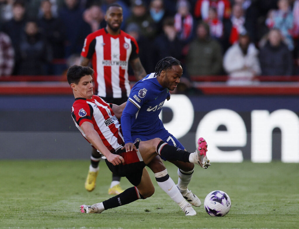 Christian Nørgaard tackler Raheem Sterling.