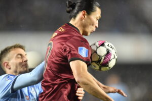 Cho i kamp for FCM i superligakampen mellem Randers FC og FC Midtjylland på Cepheus Park i Randers mandag den 11. marts 2024.