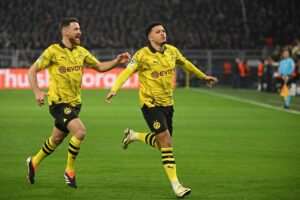 Jadon Sancho fejrer sin scoring imod PSV Eindhoven i Champions League for Borussia Dortmund.