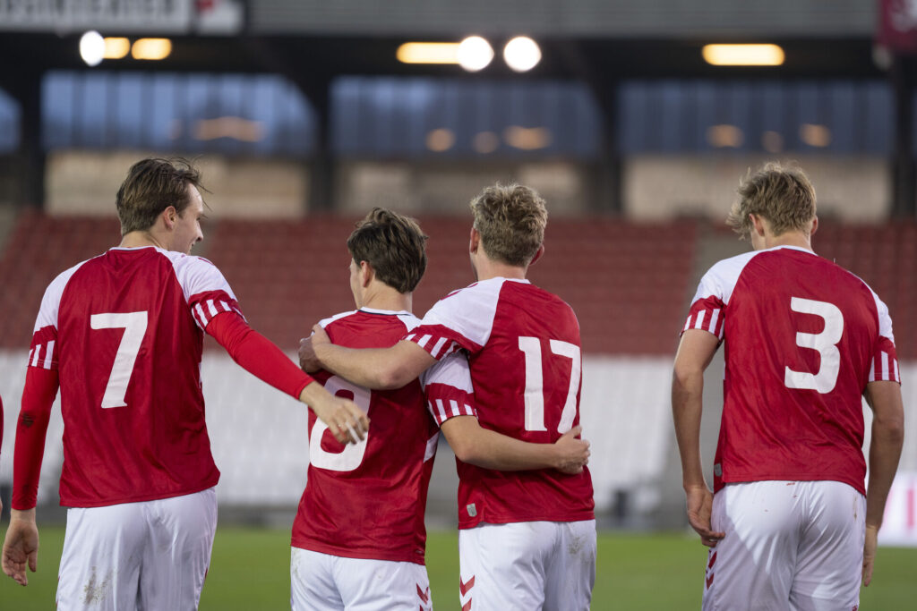 William Clem, William Bøving, Oliver Sørensen og Oliver Provstgaard under U21-landskampen mellem Danmark og Litauen på Vejle Stadion.