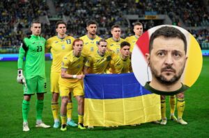 Det ukrainske landshold med nationens præsident Volodymyr Zelenskyj.