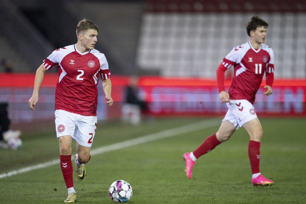 Anton Gaaei i aktion for U21-landsholdet imod Litauen.