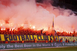 Brøndby fans under superligakampen mellem FC København og Brøndby IF i Parken mandag den 1. april 2024.