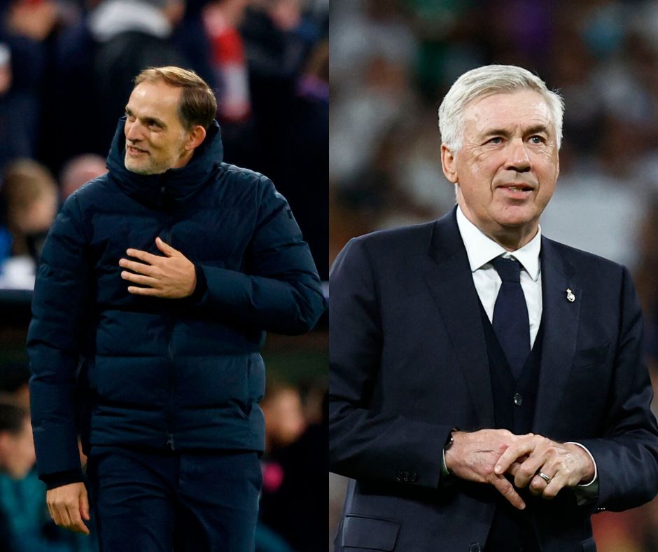 Bayern Münchens cheftræner, Thomas Tuchel, og Real Madrids cheftræner, Carlo Ancelotti.