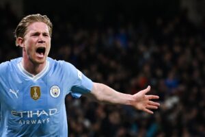 Kevin De Bruyne jubler, da han har bragt Manchester City på lige fod med Real Madrid i Champions League.