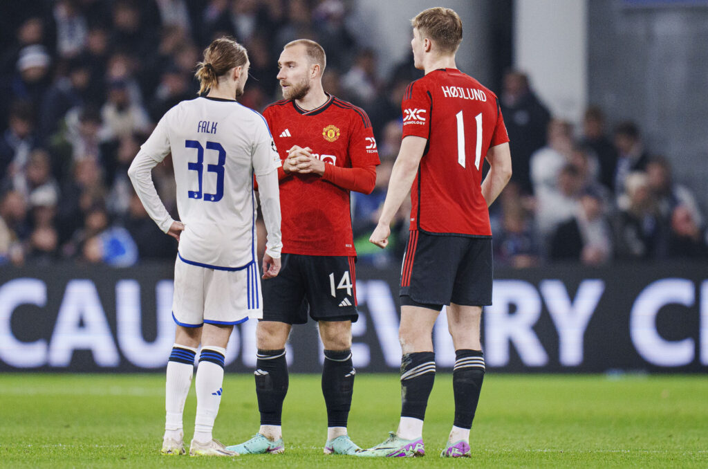 Christian Eriksen, Rasmus Højlund og Rasmus Falk under Champions League-kampen mellem F.C. København og Manchester United i Parken.