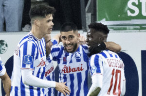 OB's Don Deedson Louicius har scoret til 2-1 i superligakampen mellem Viborg FF og OB på Energi Viborg Arena, fredag den 16. februar 2024.