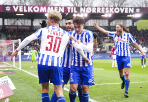 OB jubel da Max Fenger (OB 30) scorer kampens eneste mål da Vejle Boldklub møder OB i Superligaen på Vejle Stadion søndag den 10. marts 2024.. (Foto: Claus Fisker/Ritzau Scanpix)