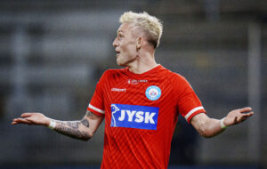 Oliver Sonne efter sin saksesparksscoring på Brøndby Stadion.