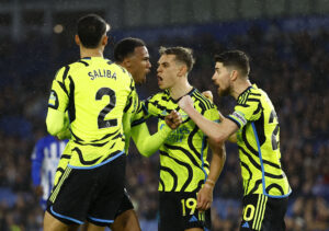 William Saliba, Gabriel, Leandro Trossard og Jorginho under Premier League-kampen mellem Brighton og Arsenal.