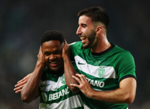 Goncalo Inacio jubler efter Sporting har scoret.