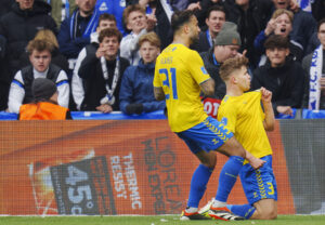 Mathias Kvistgaarden jubler under Brøndbys kamp mod F.C. København.