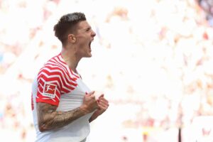 Benjamin Sesko jubler efter endnu en scoring for RB Leipzig