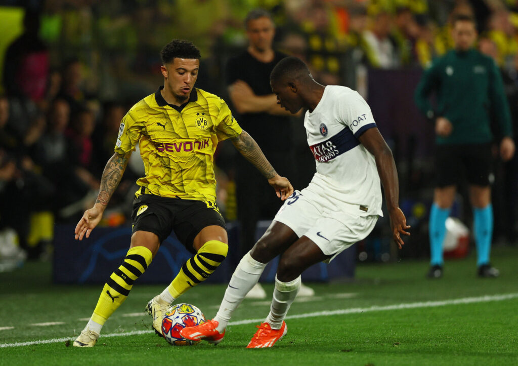Jadon Sancho i aktion for Borussia Dortmund i Champions League-semifinalen mod Paris Saint-Germain.