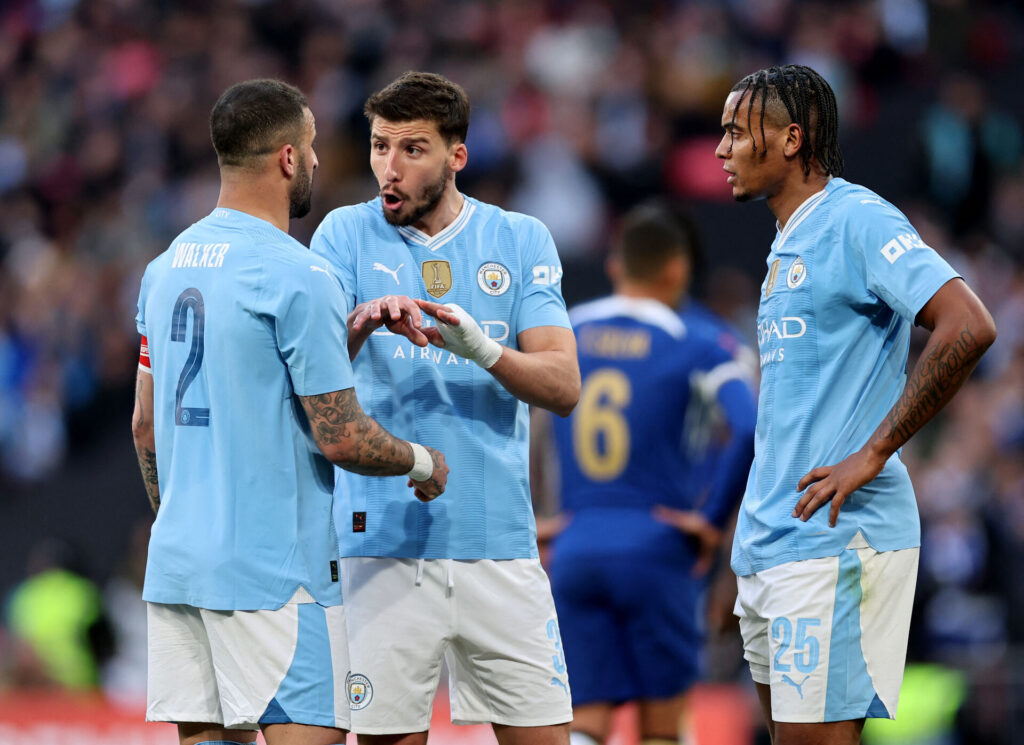 Kyle Walker, Manuel Akanji og Ruben DIas under FA Cup semifinalen mellem Manchester City og Chelsea.