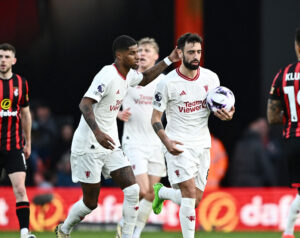 Marcus Rashford og Bruno Fernandes efter en scoring mod Bournemouth i Premier League.