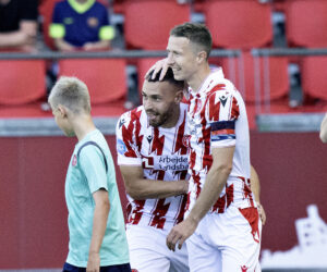 AaB's Younes Bakiz har scoret til 2-0 i NordicBet ligaen mellem AaB og Vendsyssel FF på Aalborg Portland Park, søndag den 2. juni 2024.
