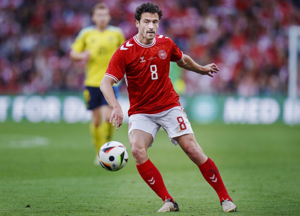 Danmarks Thomas Delaney under testkampen mellem Danmark - Sverige i Parken, onsdag den 5. juni 2024.