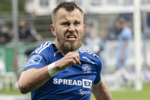 Frederik Gytkjær fra Lyngby efter scoring under superligakampen mellem Lyngby Boldklub og Randers FC på Lyngby Stadion søndag den 5. maj 2024.