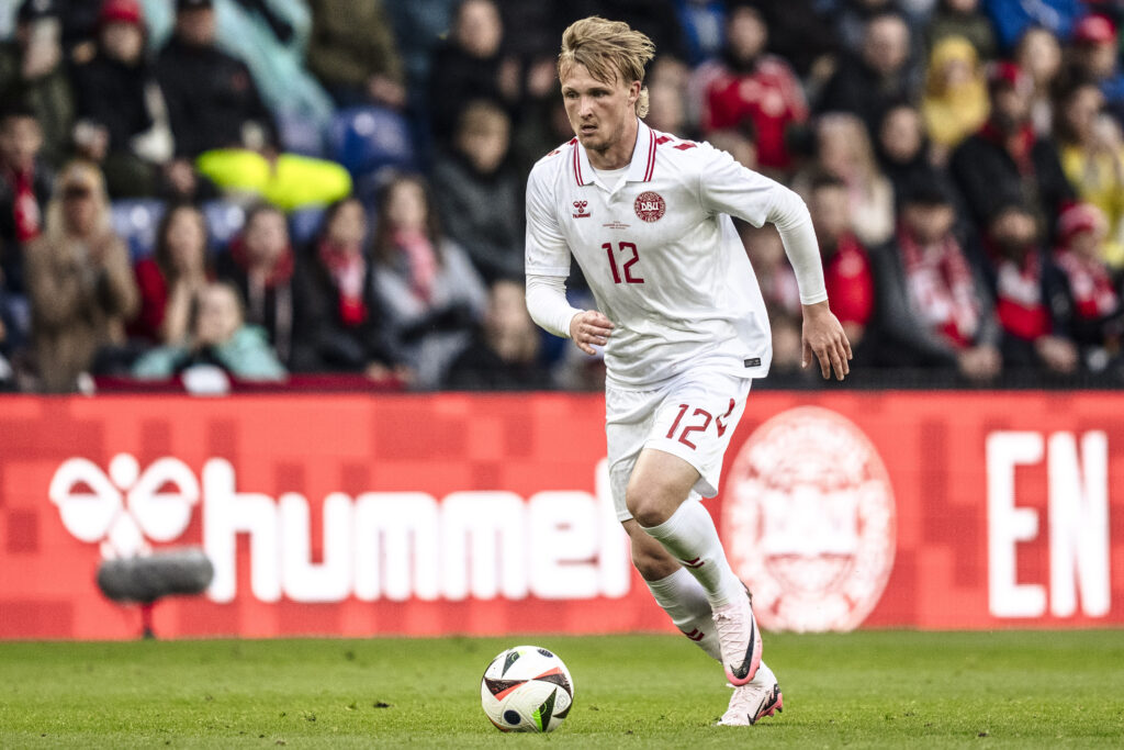 Kasper Dolberg fra Danmark under testlandskampen mellem Danmark og Norge på Brøndby Stadion lørdag den 8. juni 2024.
