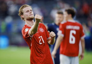 Morten Hjulmand efter EM-kampen i gruppe C mellem Danmark og England på Frankfurt Arena i Tyskland torsdag den 20. juni 2024.