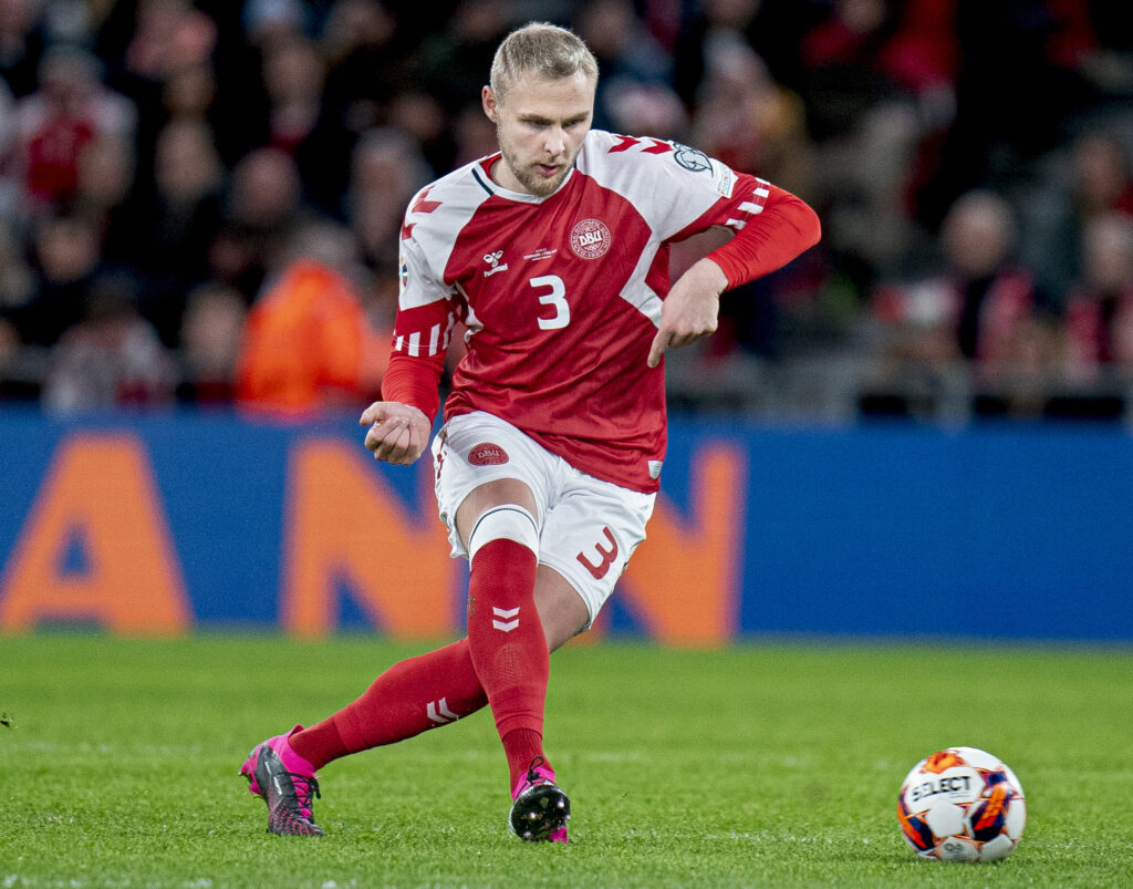 Victor Nelsson under EM kvalifikationskamp mellem Danmark - Finland i Parken, torsdag den 23 marts 2023.