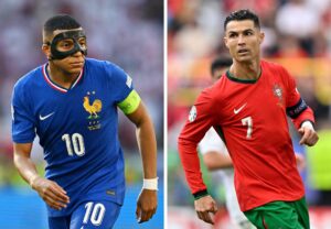 Kylian Mbappé og Cristiano Ronaldo i aktion ved EM 2024.
