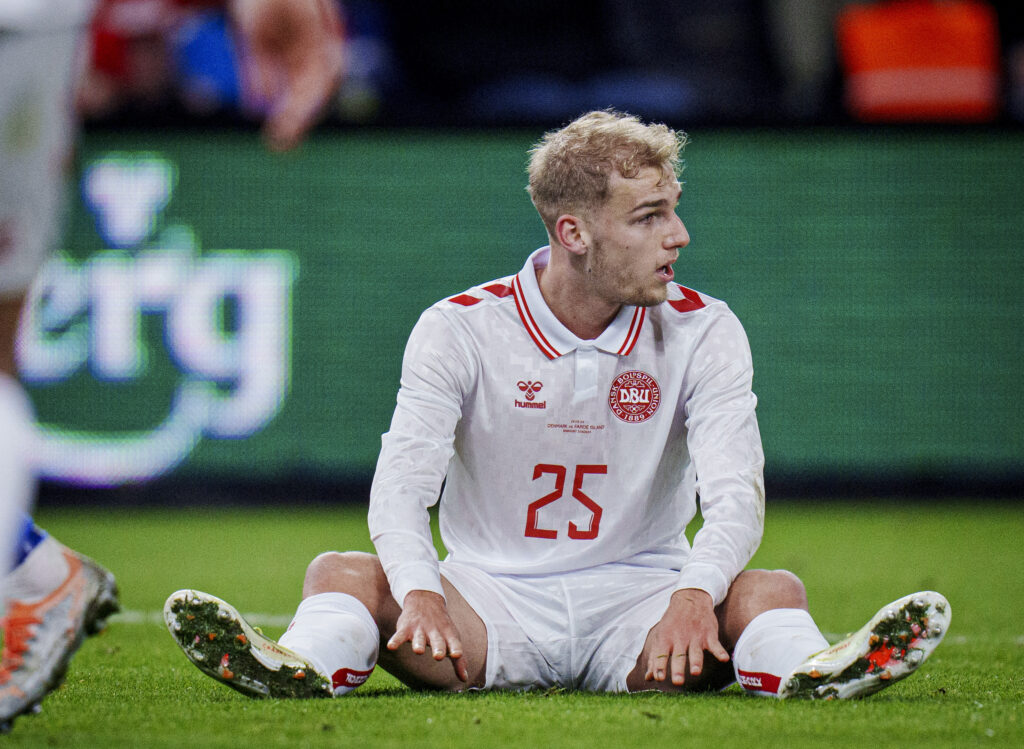 Danmarks Gustav Isaksen under venskabskampen mellem Danmark og Færøerne på Brøndby Stadion, tirsdag den 26 marts 2024.
