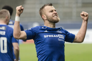 Frederik Gytkjær efter scoring under superligakampen mellem Lyngby Boldklub og Randers FC på Lyngby Stadion søndag den 5. maj 2024.